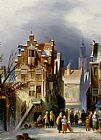 Figures in a Wintry Dutch town by Johannes Franciscus Spohler